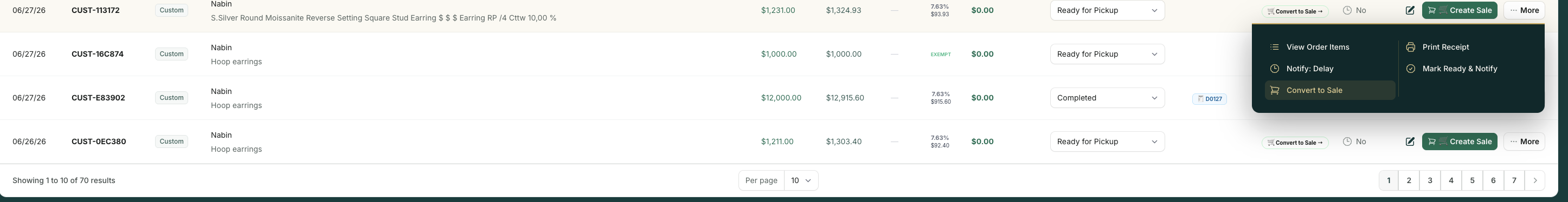 Custom order deposit to sale